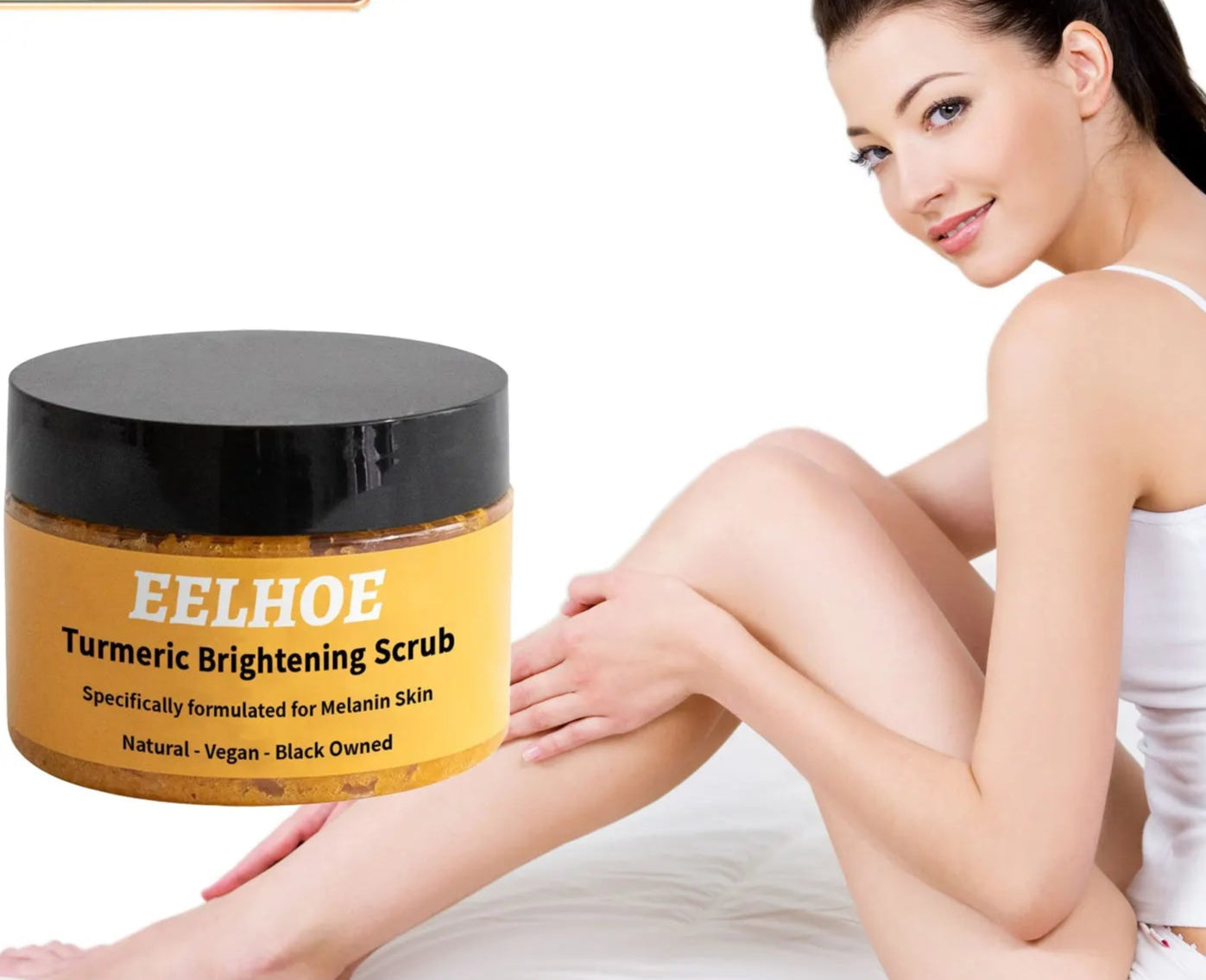 EELHOE Turmeric Brightening Scrub with a woman using it on her legs, on a light green background.