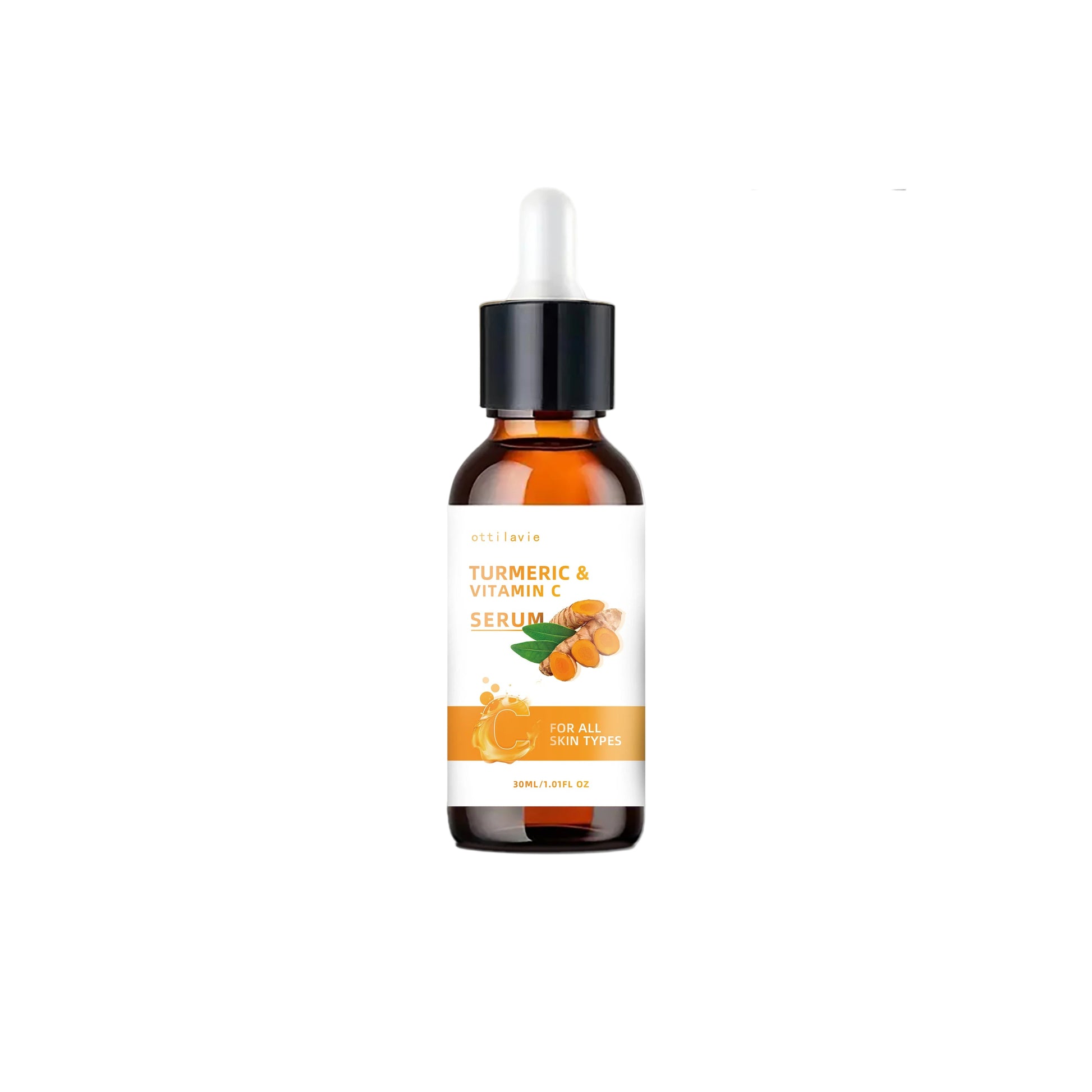 Turmeric and Vitamin C serum bottle with measurements on a gray background