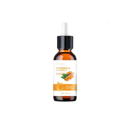 Turmeric and Vitamin C serum bottle with measurements on a gray background