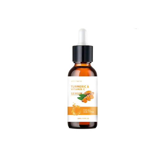 Turmeric and Vitamin C serum bottle with measurements on a gray background